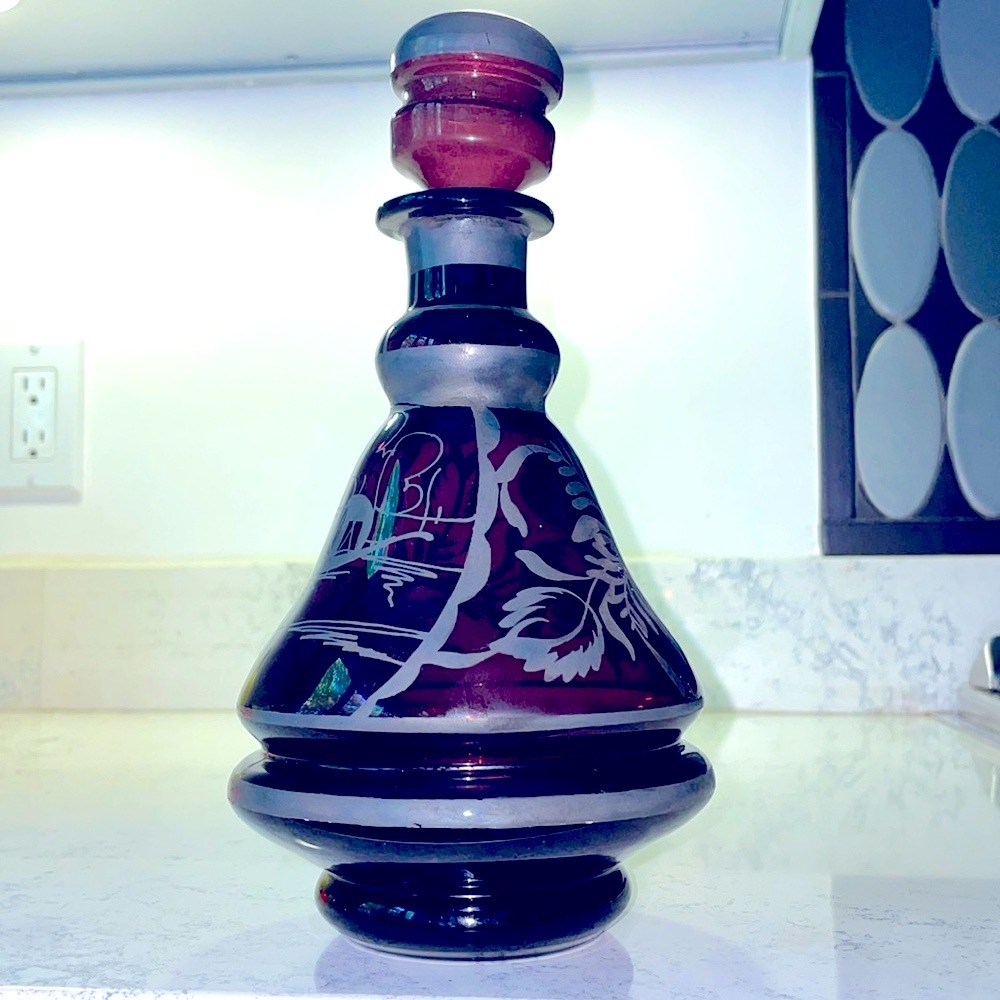 Amethyst Decanter & Stopper Vintage Blown Bohemian Glass Etched Designs 9” Tall